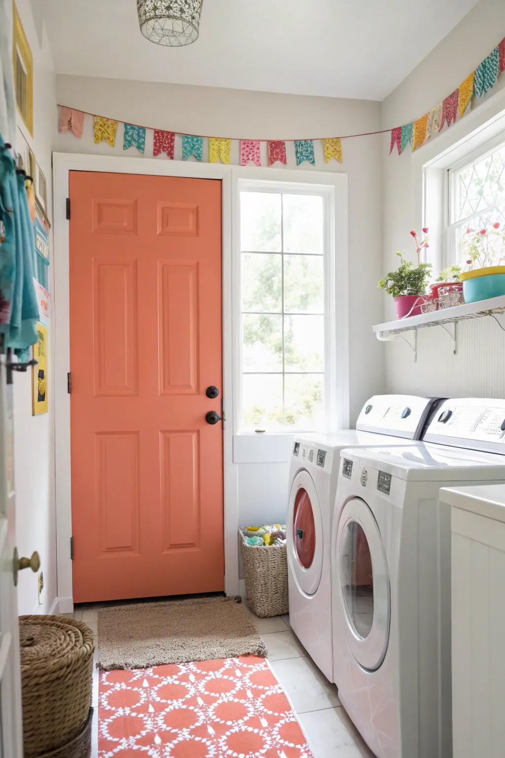 A coral 6-panel door adds a happy touch to any bright laundry room.