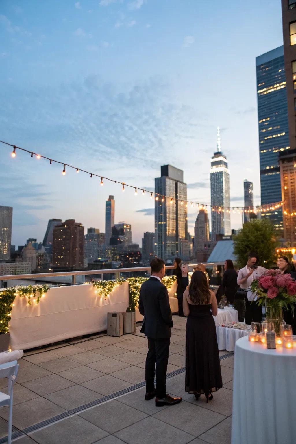 A breathtaking top-floor festivities arrangement with city vistas.
