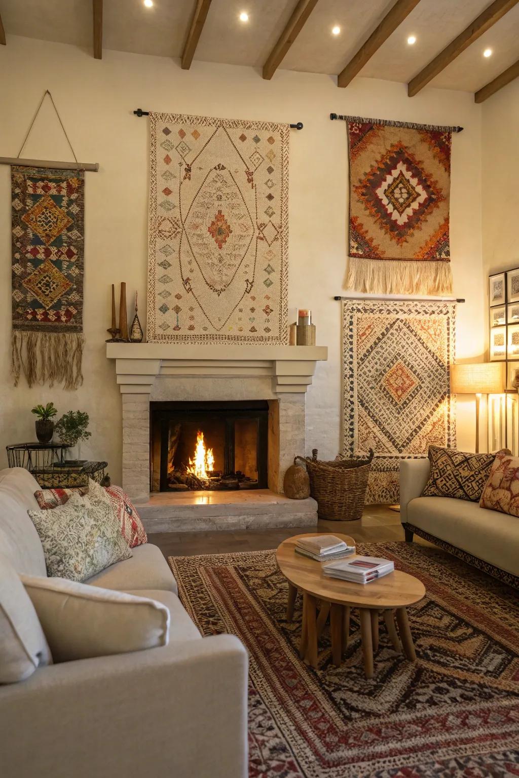 Woven artistry imparts a delicate and bohemian accent above the fireplace.