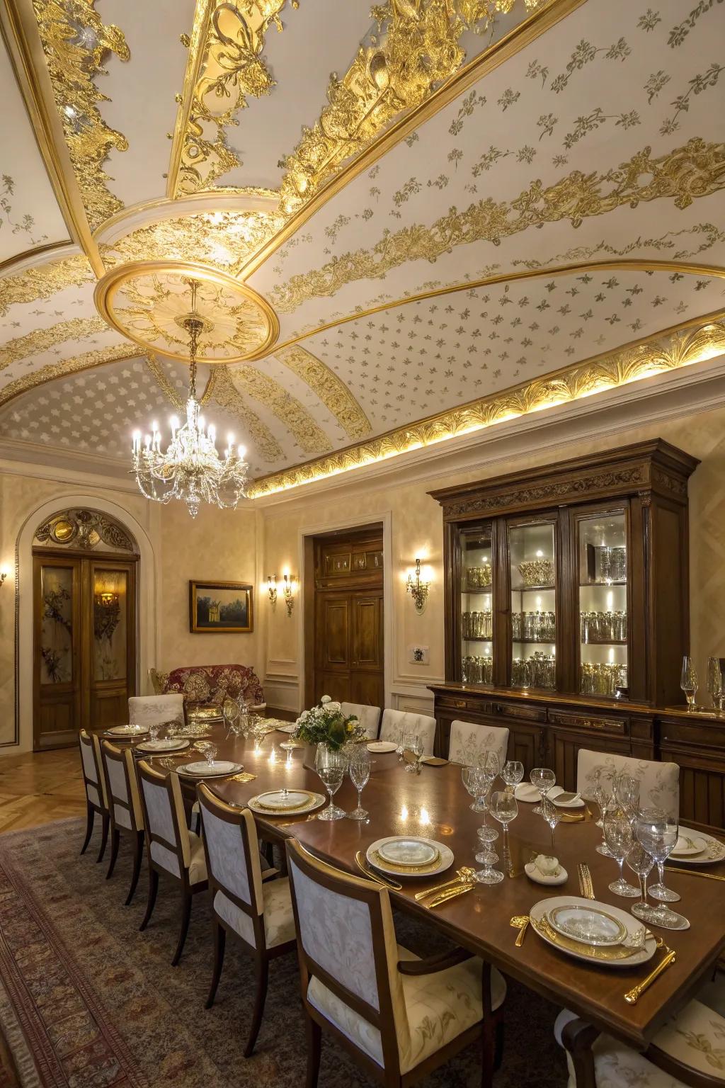 Gold leaf touches introduce opulence to this dining room ceiling.