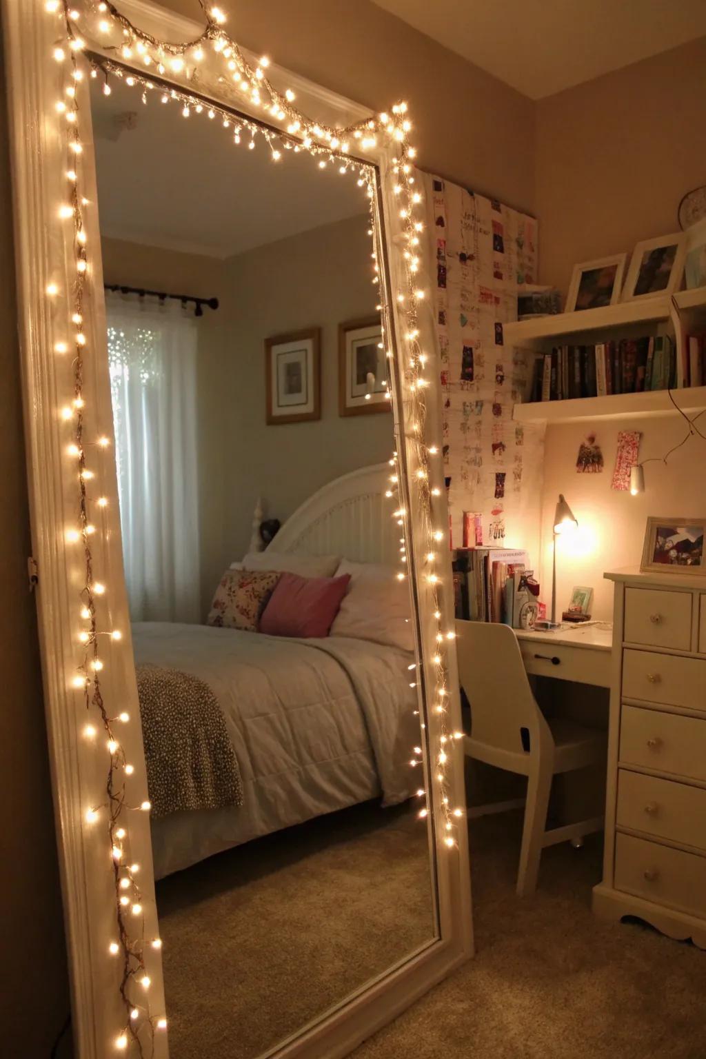 Twinkle lights infuse a magical shimmer into the room.