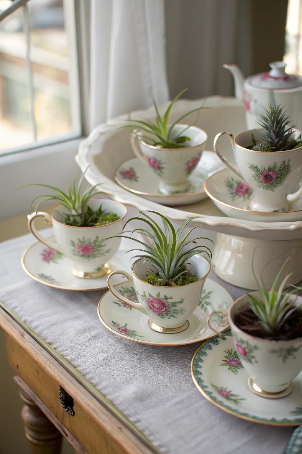 Air plants in antique tea cups.