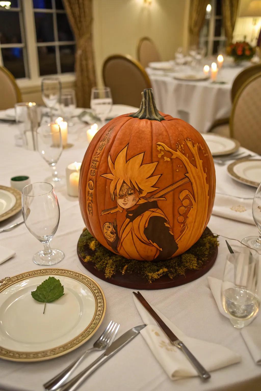 Narrate a tale with an anime adventure sequence sculpted on pumpkins.