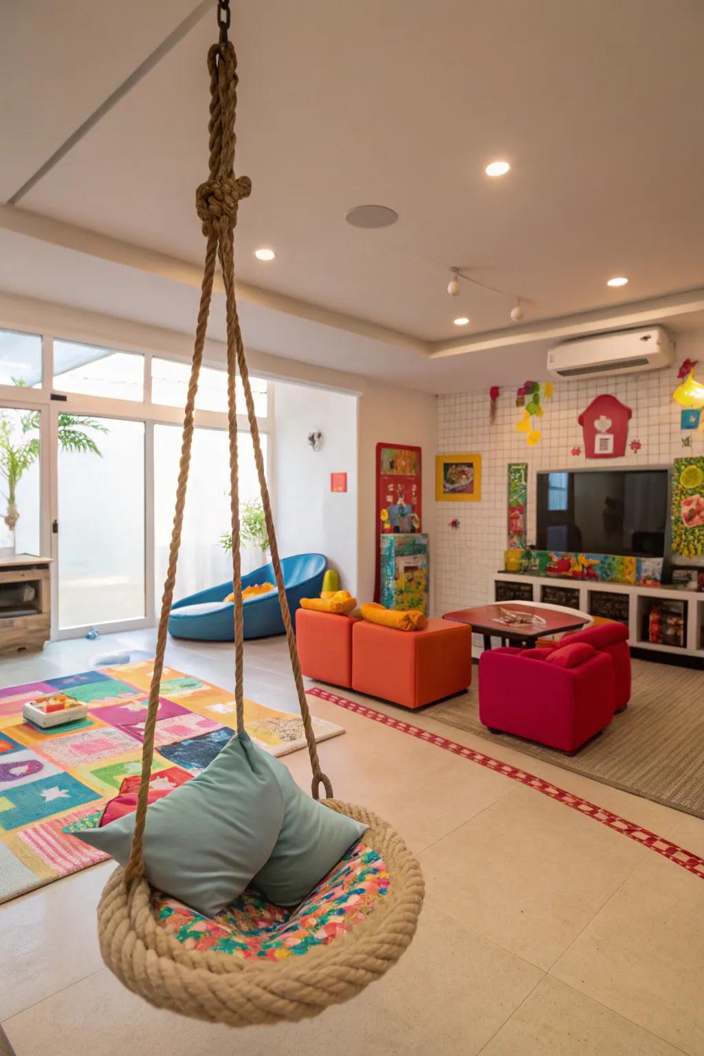 An interior swing incorporates a playful, unexpected aspect into your entertainment space.