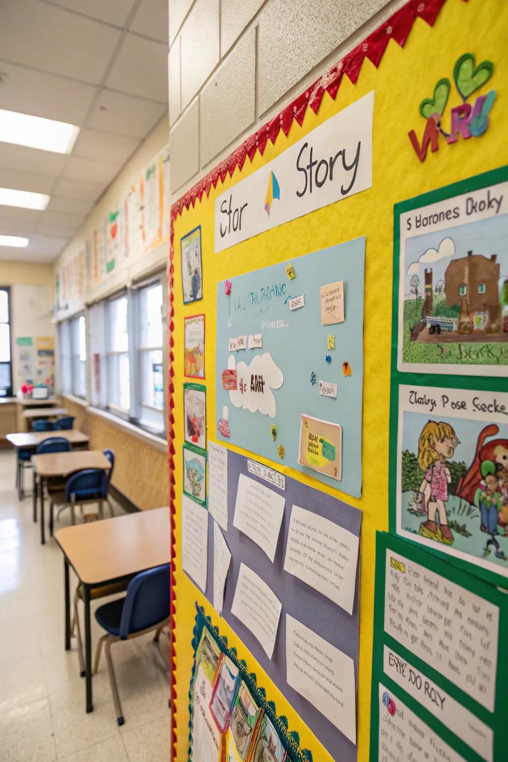 A display board with interactive art story elements.
