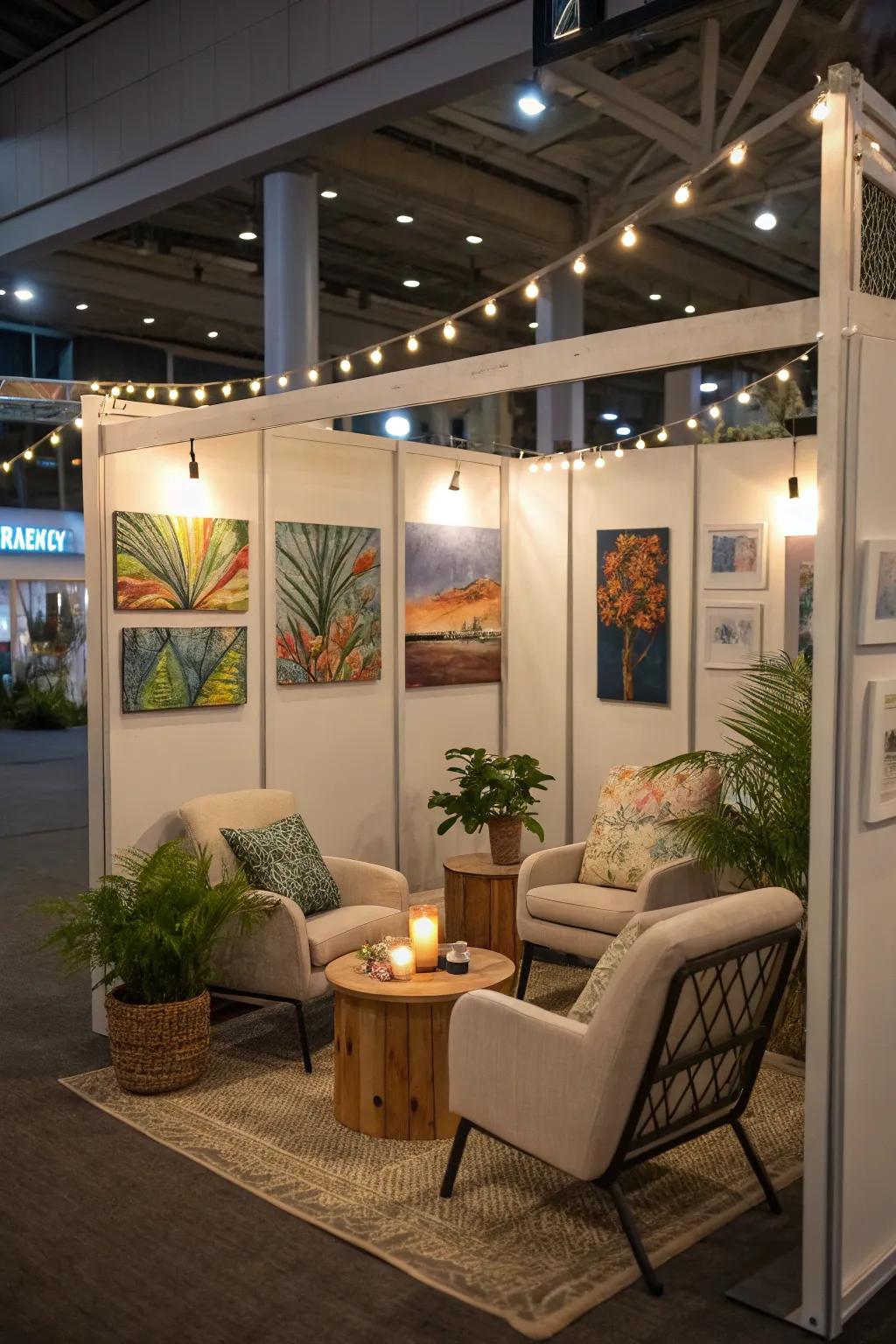A welcoming sitting space within the art booth.