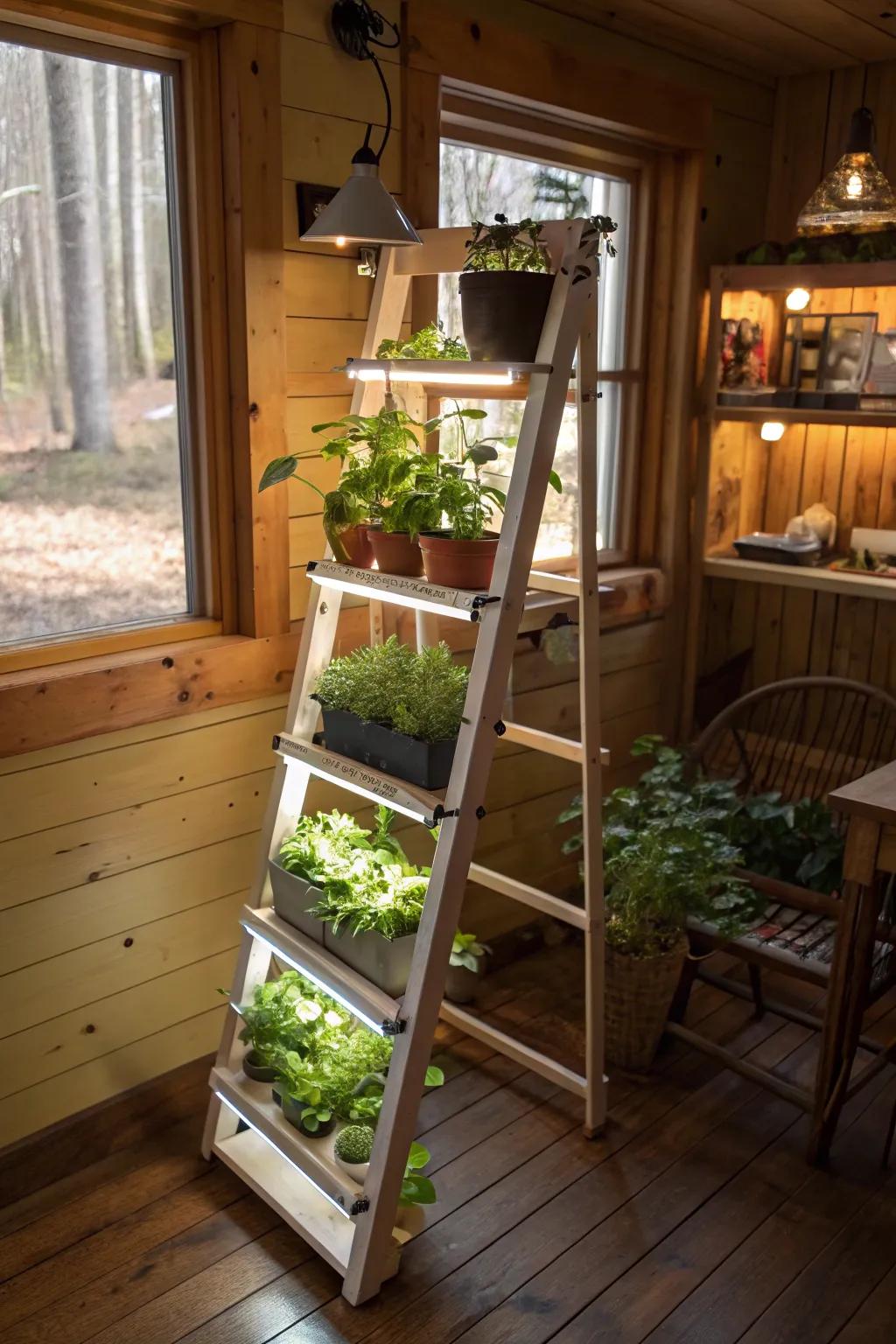 A garden ladder, spotlighting grow lights, as a rustic home decor centerpiece.