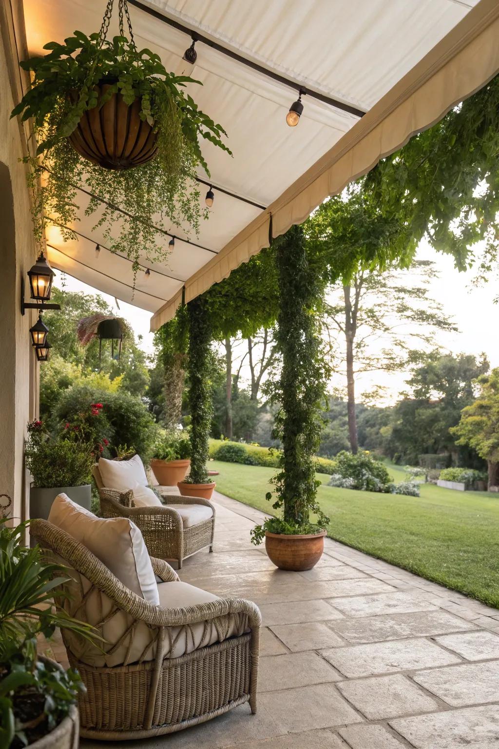 Build a garden oasis using an awning and hanging plants.
