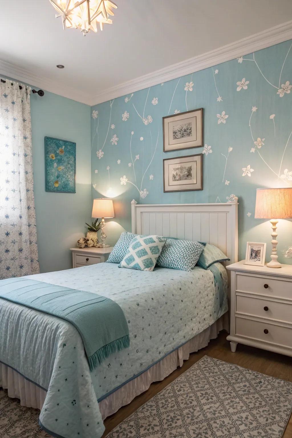 Soft lighting complements the tranquility of a pale sky bedroom.