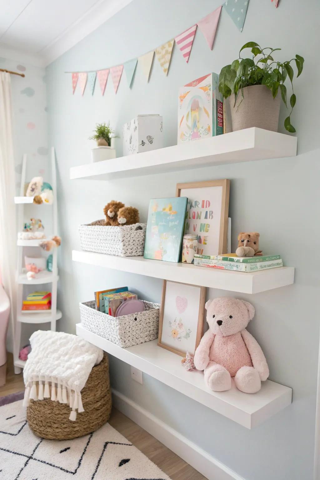 Wall shelves provide stylish storage and display options in a nursery space.
