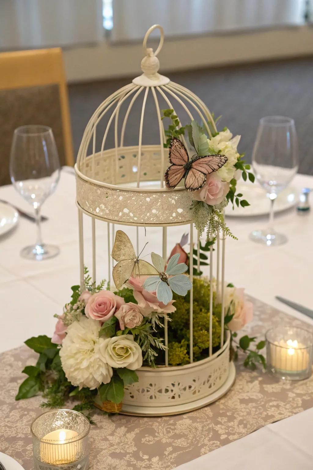 An enchanting ornamental cage midpiece presenting butterflies and blooms.