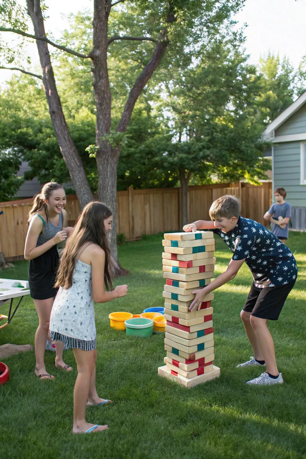 Attendees enjoying oversized lawn games at the party, showcasing fun and engagement.