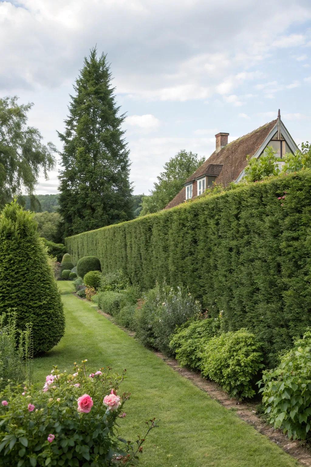 Hardy bushes form a lush, year-round privacy boundary.