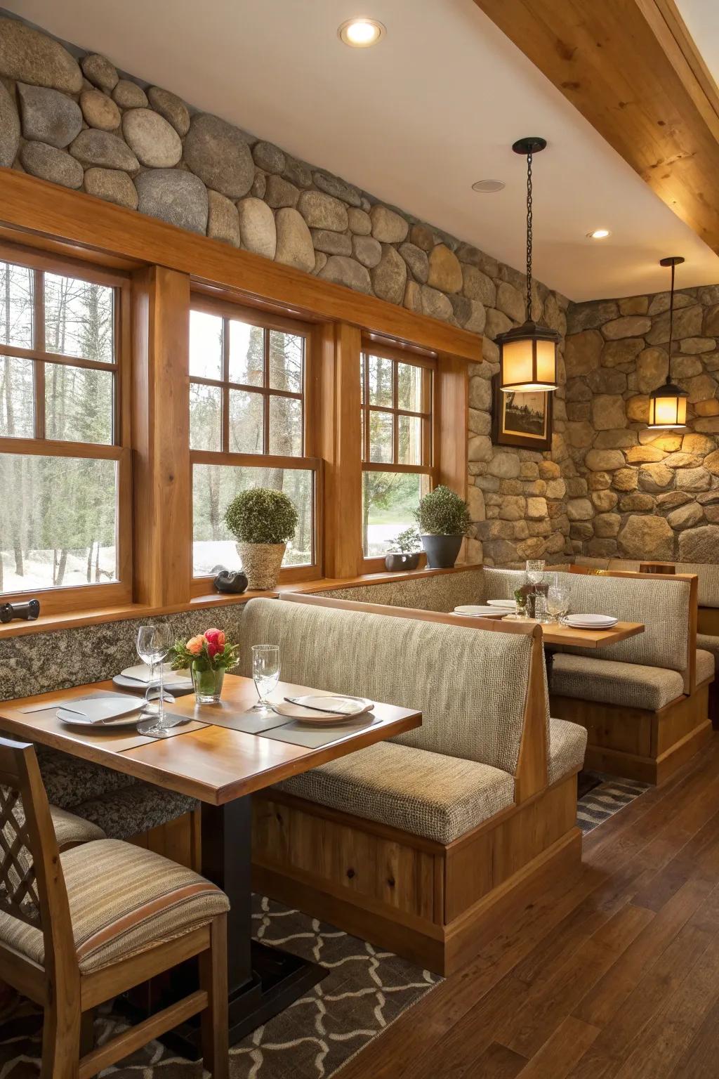 A serene dining space with banquette seating, enhanced by natural elements.