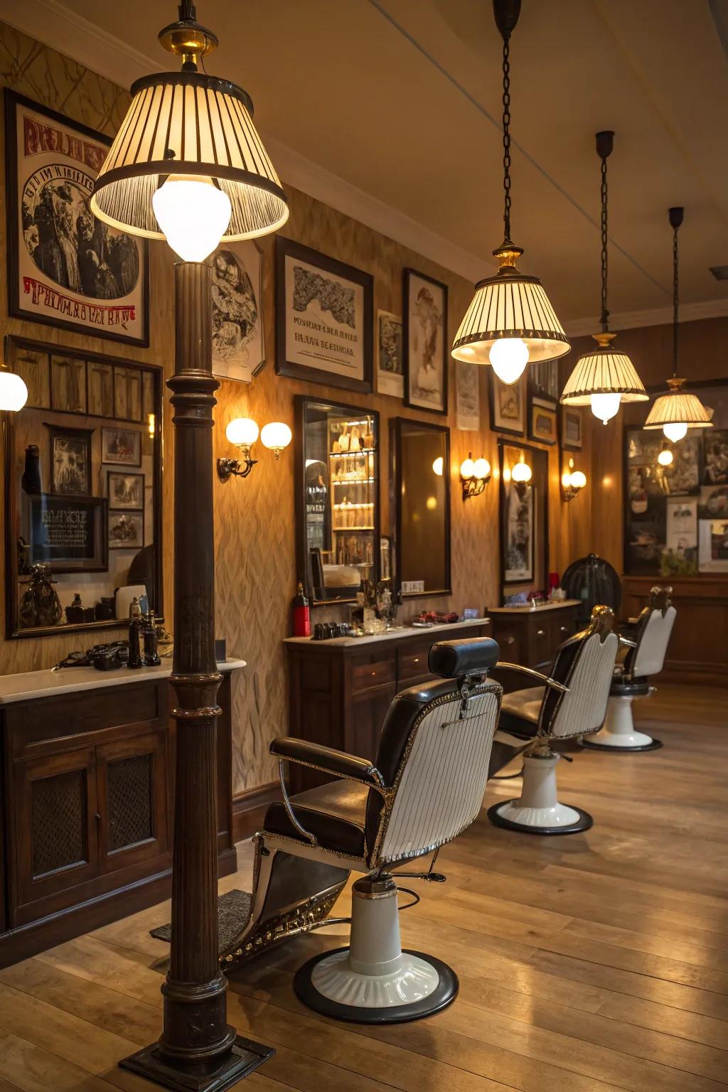 Elegant floor lamps improving the mood inside a barbershop.