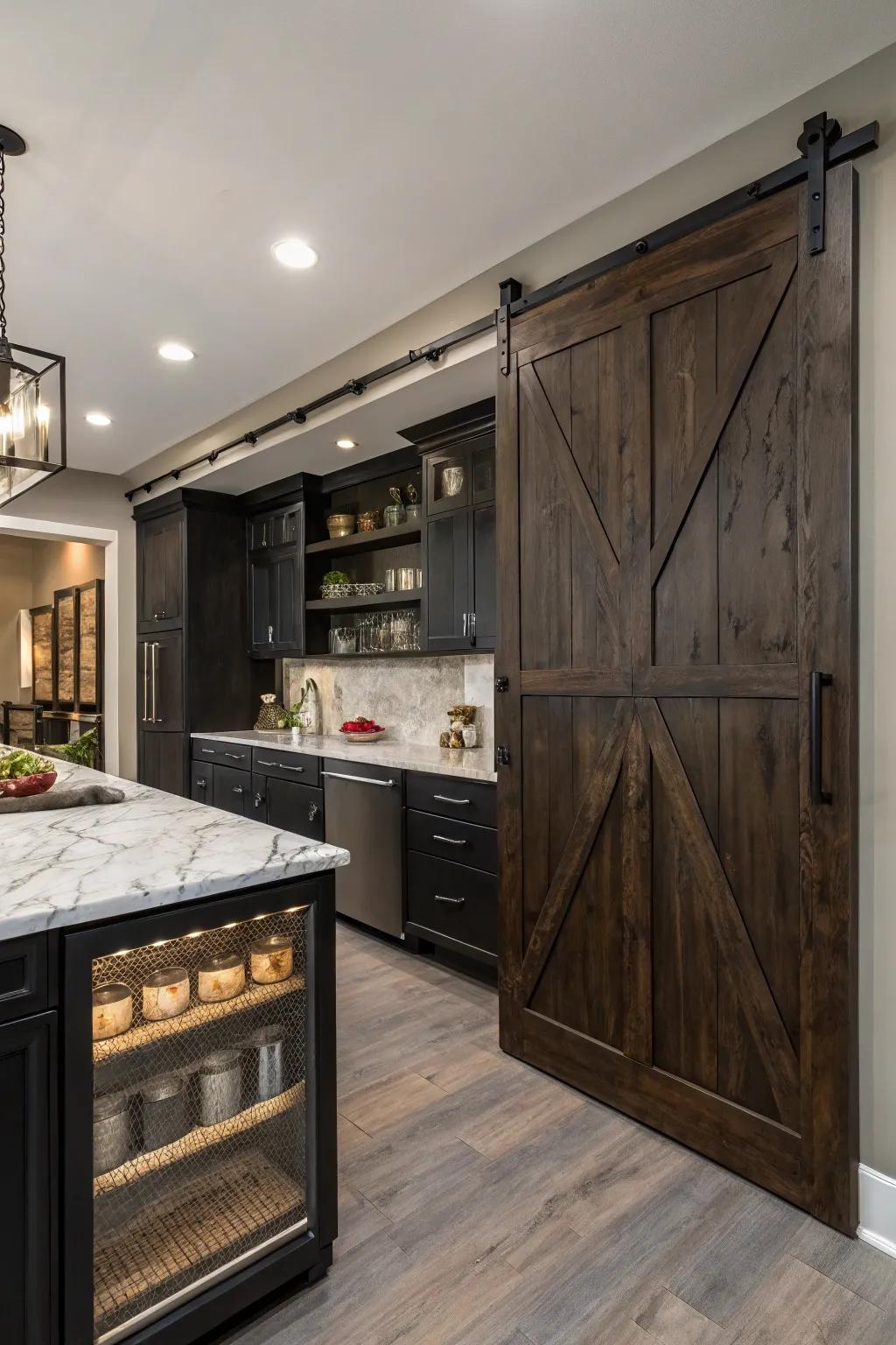 A kitchen showcasing a sliding barn door pantry in dark tones.