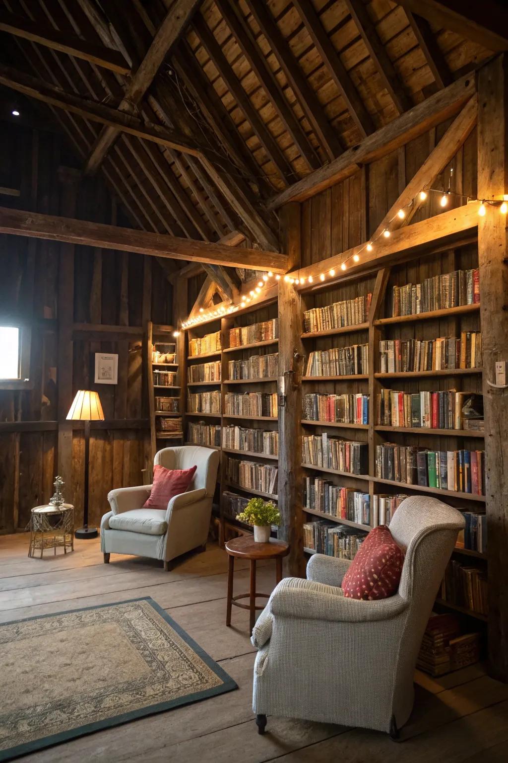 A literary barn corner is a haven for book enthusiasts.