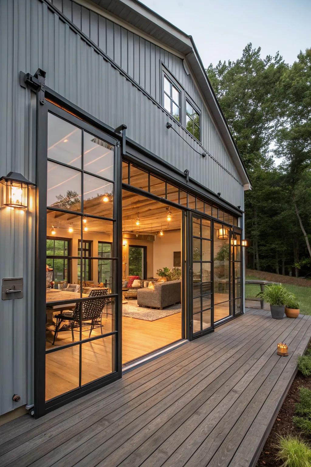 The smooth indoor-outdoor connection is made possible by the contemporary glass garage doors.