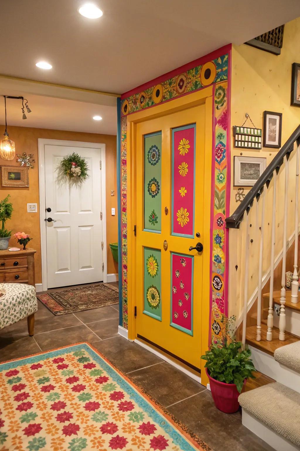 A bold-colored basement door adds personality and vibrancy to the home.
