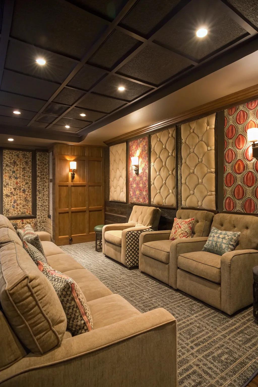 In basement media rooms, fabric panels offer warmth and soundproofing.