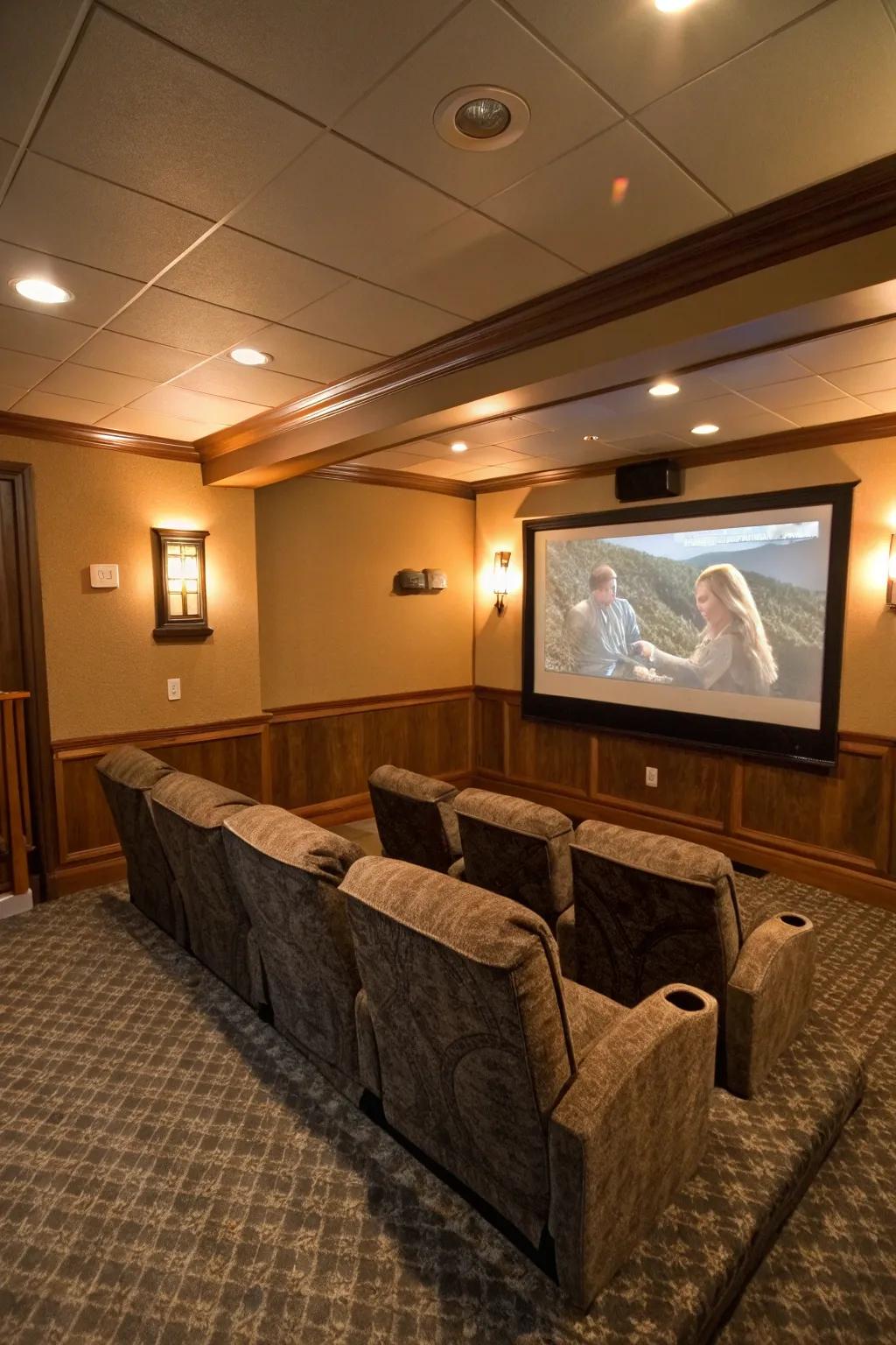 Small space optimization ensures a cozy and efficient home theater setup.