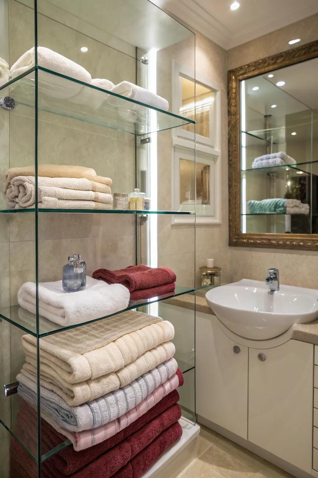 Glass shelves provide a modern and smooth keeping solution.