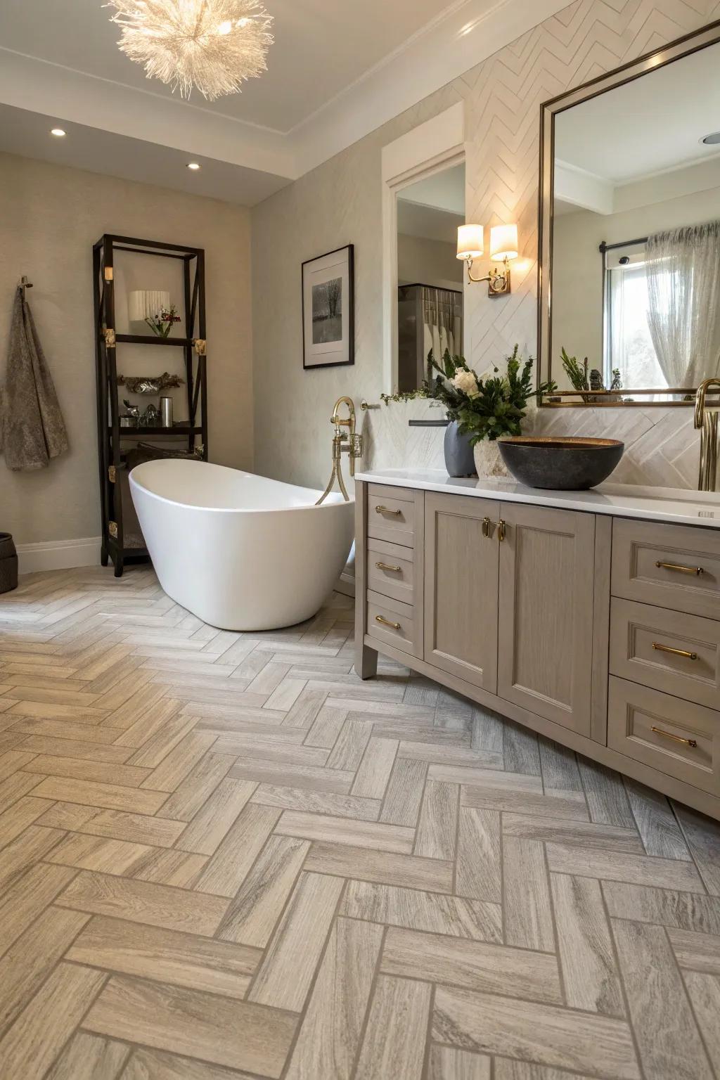 Herringbone floor covering adds elegance and sophistication to this bathroom.