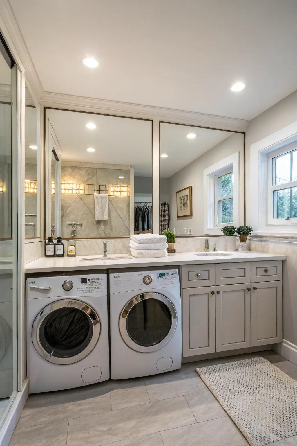 Mirrored doors enhance the sense of space and brightness, creating an airy feel.