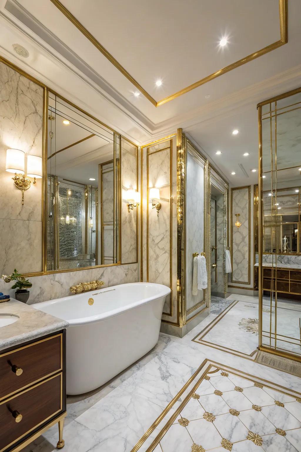 Mirrored paneling creates the illusion of a more spacious bathroom.