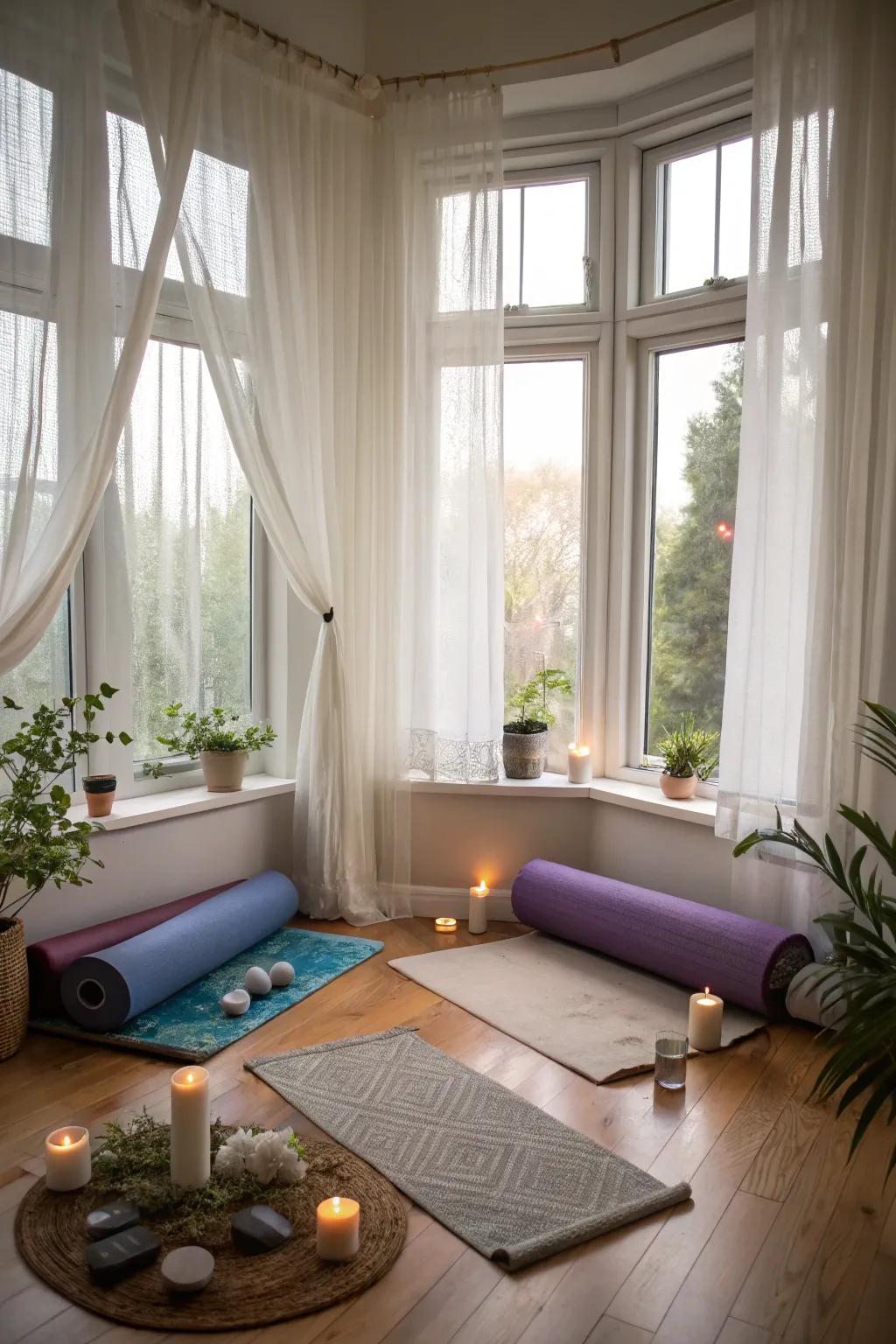 A yoga sanctuary near the window provides mindfulness and peace.