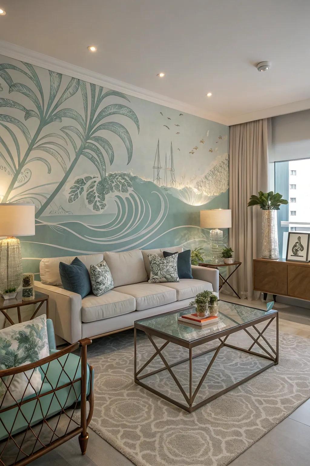 Introduce a modern twist with abstract coastal-themed wallpaper.