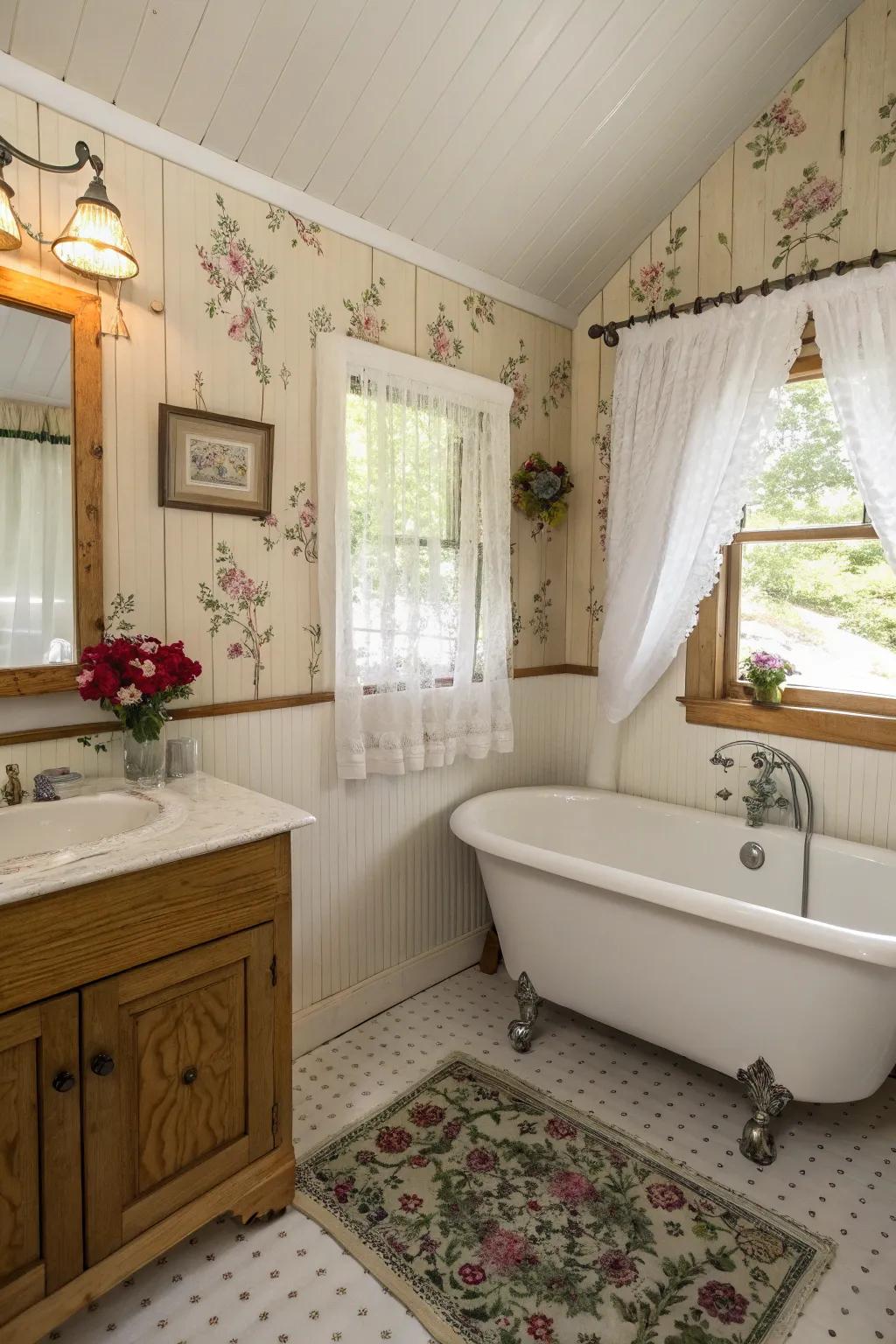 Decorative panels and floral accents produce lodge charm.
