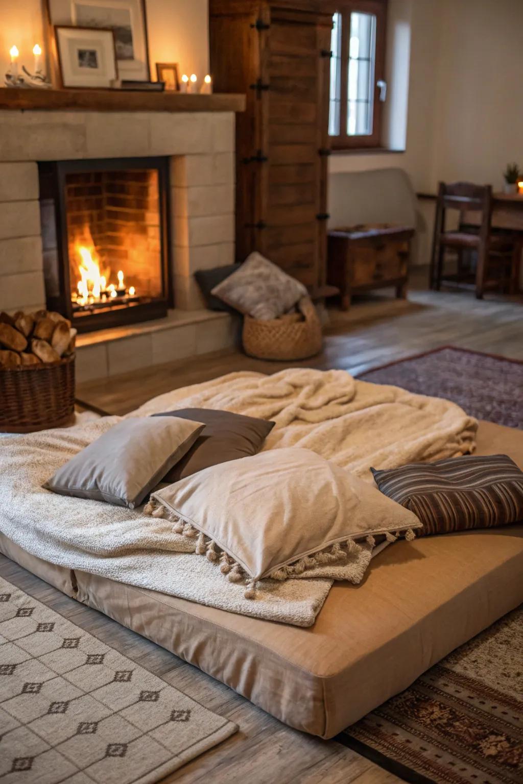 Infuse warmth and coziness by positioning a fireplace close to your floor bed.