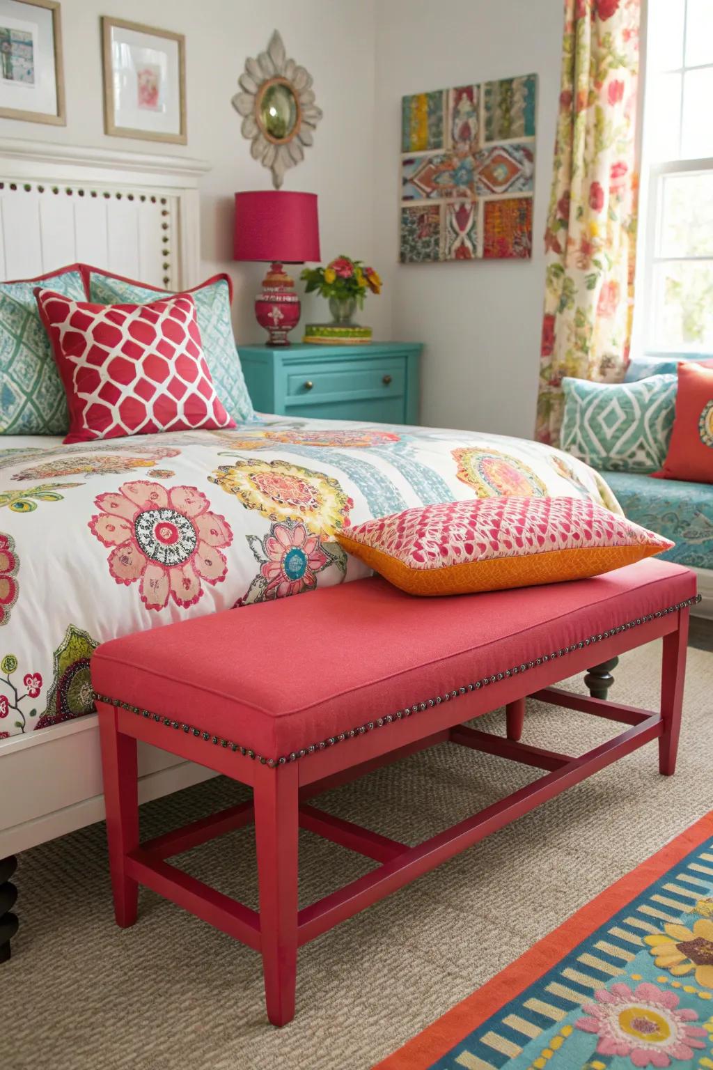 A bold-colored bench appends persona and a focal attribute to your space.