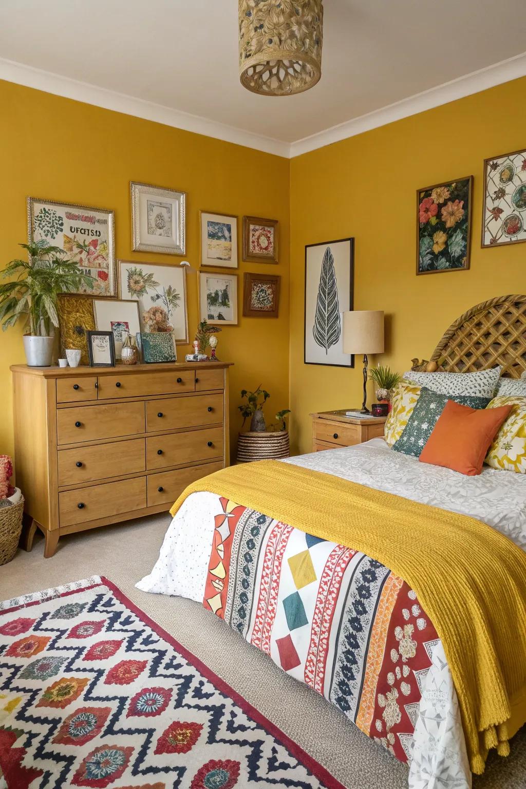 Add energy with mustard yellow accents.