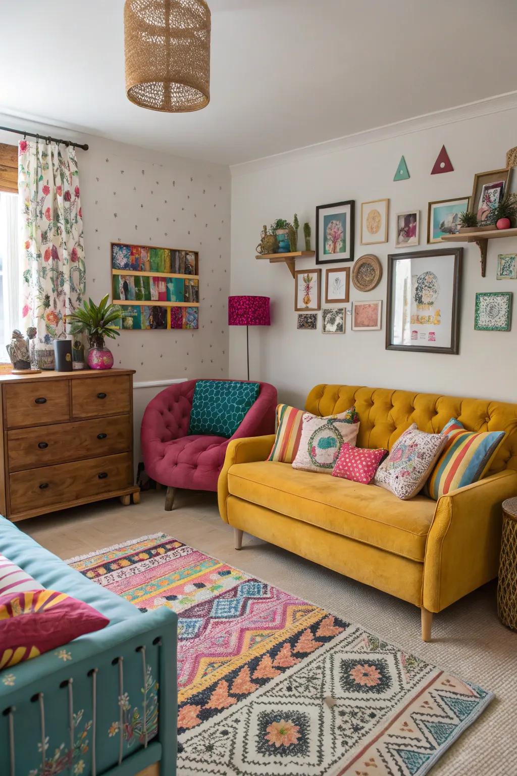 A varied mix of seatings in a sleeping quarters, showcasing personal design and creativity.