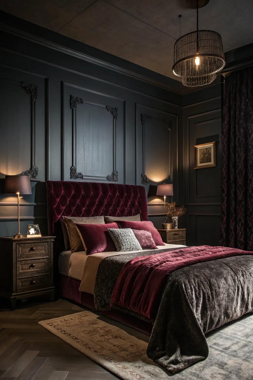 Dark hues and rich feels make a dark and drama filled mood in this bedroom.