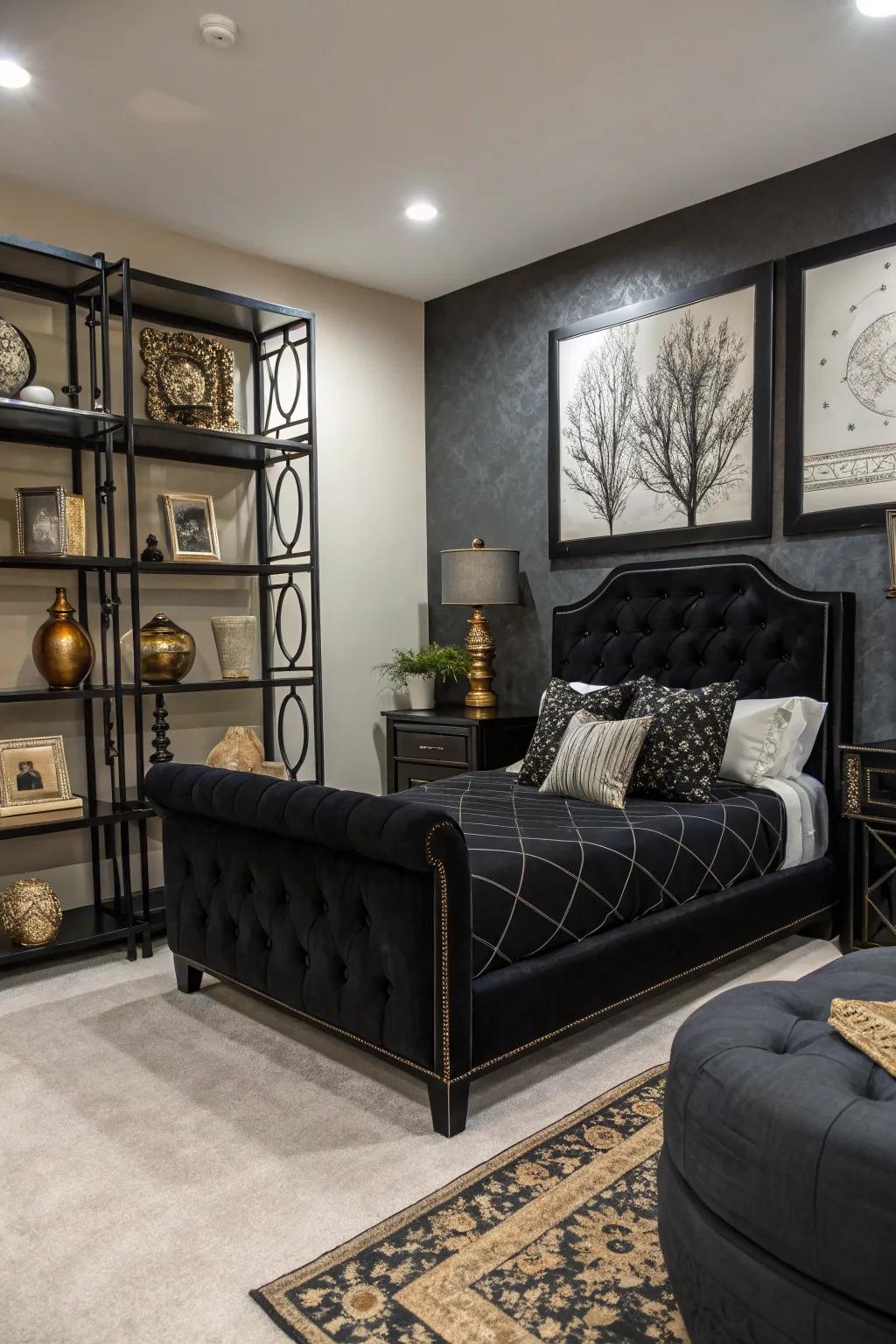 Carefully selected art pieces add sophistication and elevate the design of a bedroom accented with black furniture.