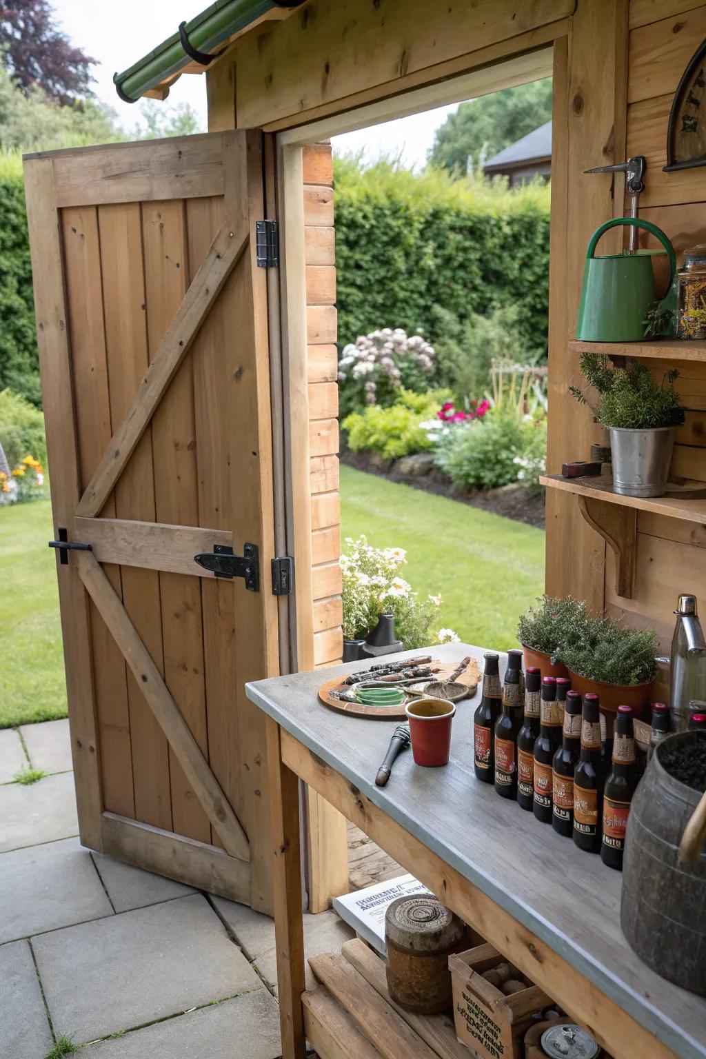 A garden shed with a planting table storing brew bottles in a creative way.