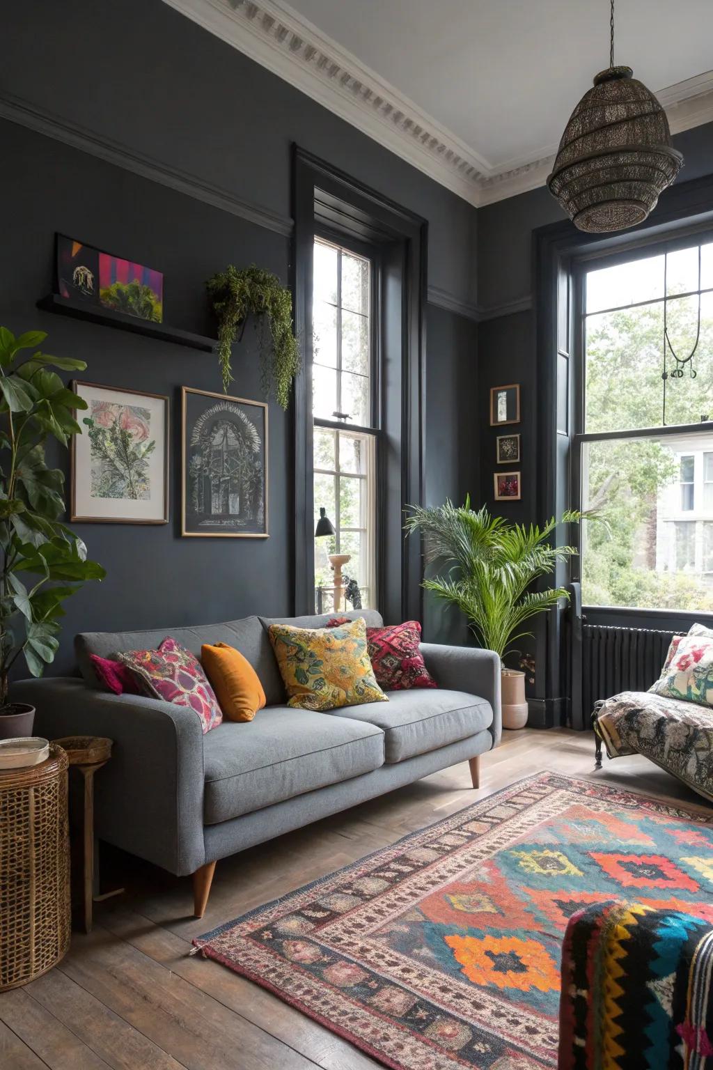 Walls painted charcoal exude subtle elegance and design versatility.
