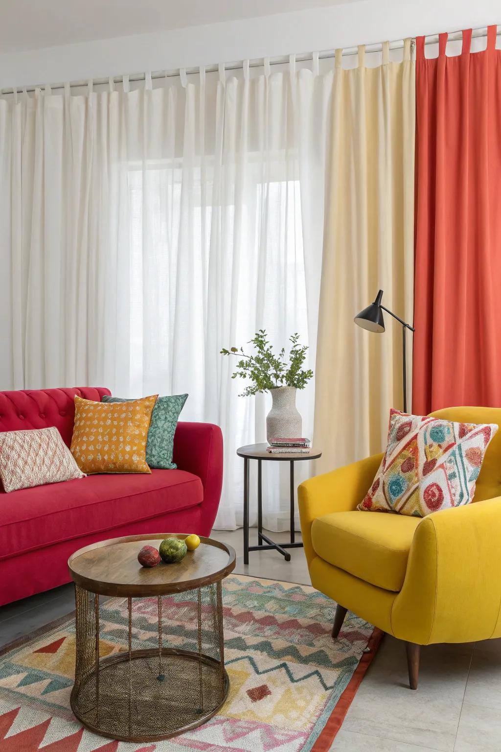 Solid curtains provide a subtle backdrop that enhances other decor elements.