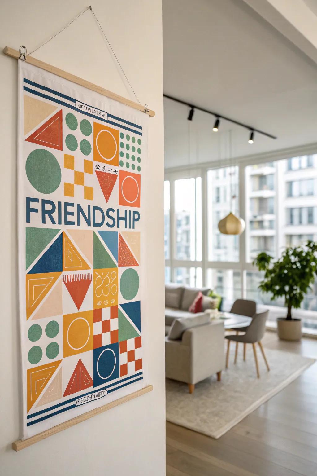 A dynamic symmetrical design poster adds bold flair to a contemporary space.