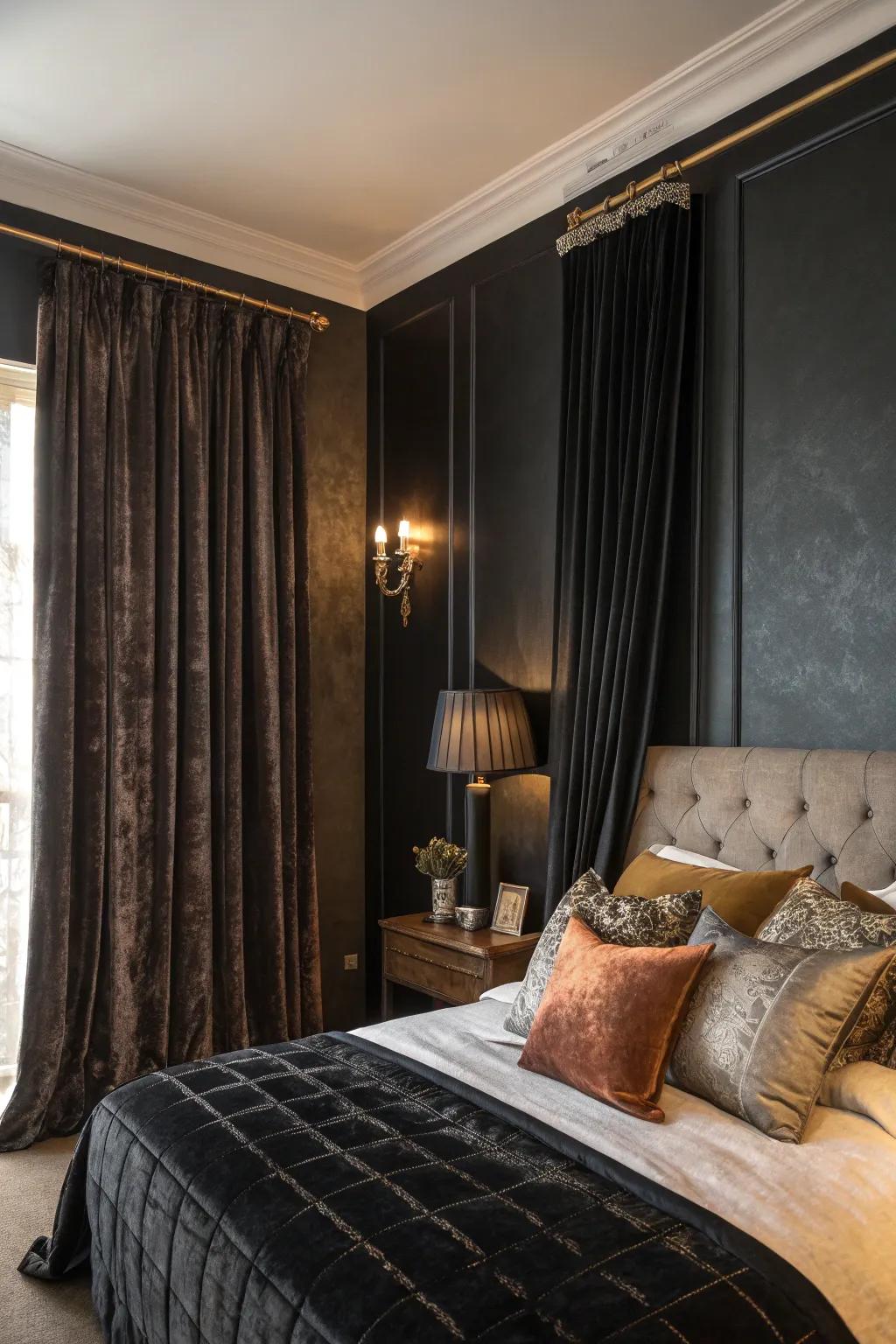 Luxurious fabrics add opulence to a black accent wall in this bedroom.
