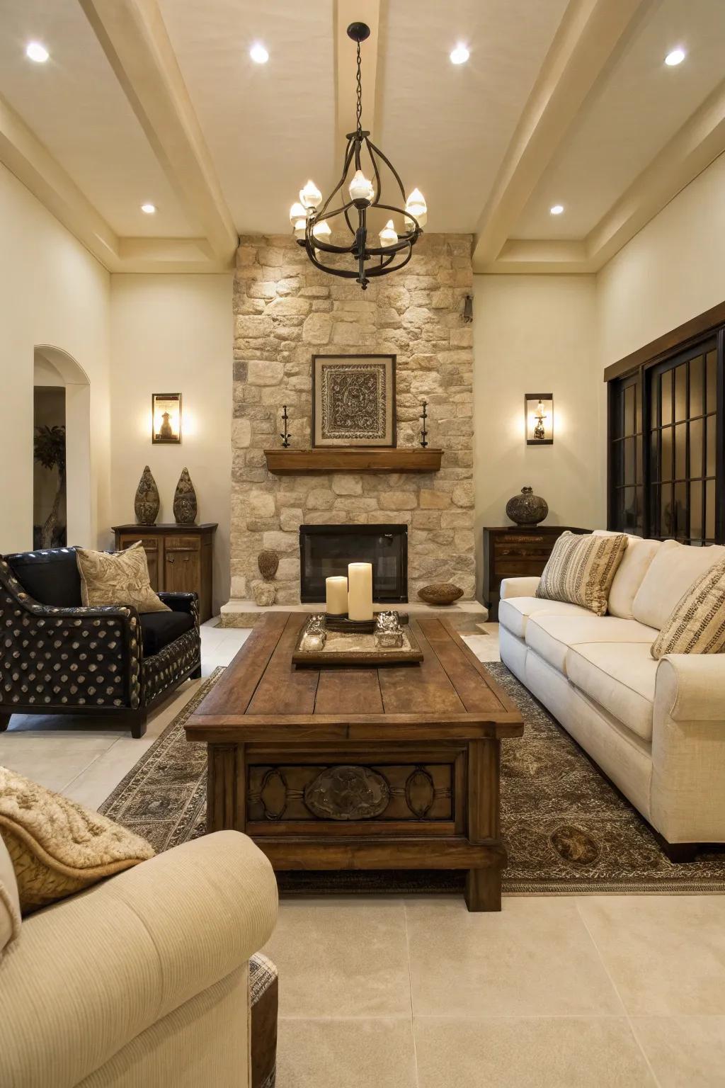 Natural materials like wood and stone add warmth and texture to the decor.