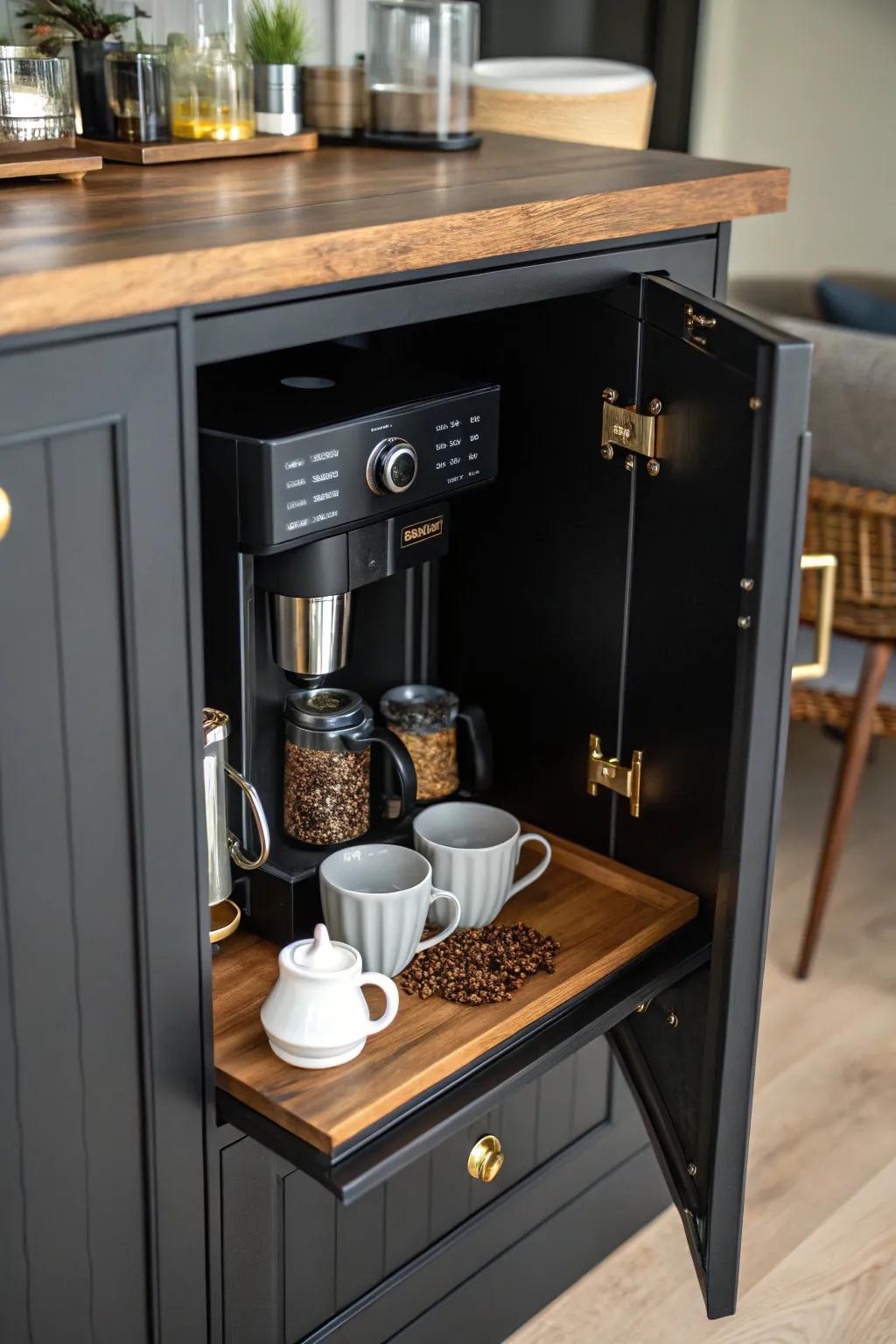 Surprise element with a concealed coffee bar in a cupboard