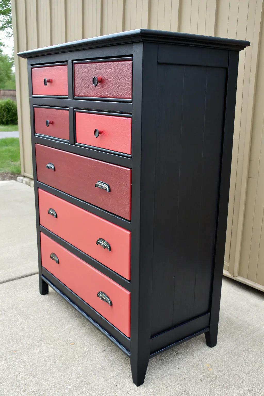 An ebony chest with an eye-catching, two-tone drawer design.