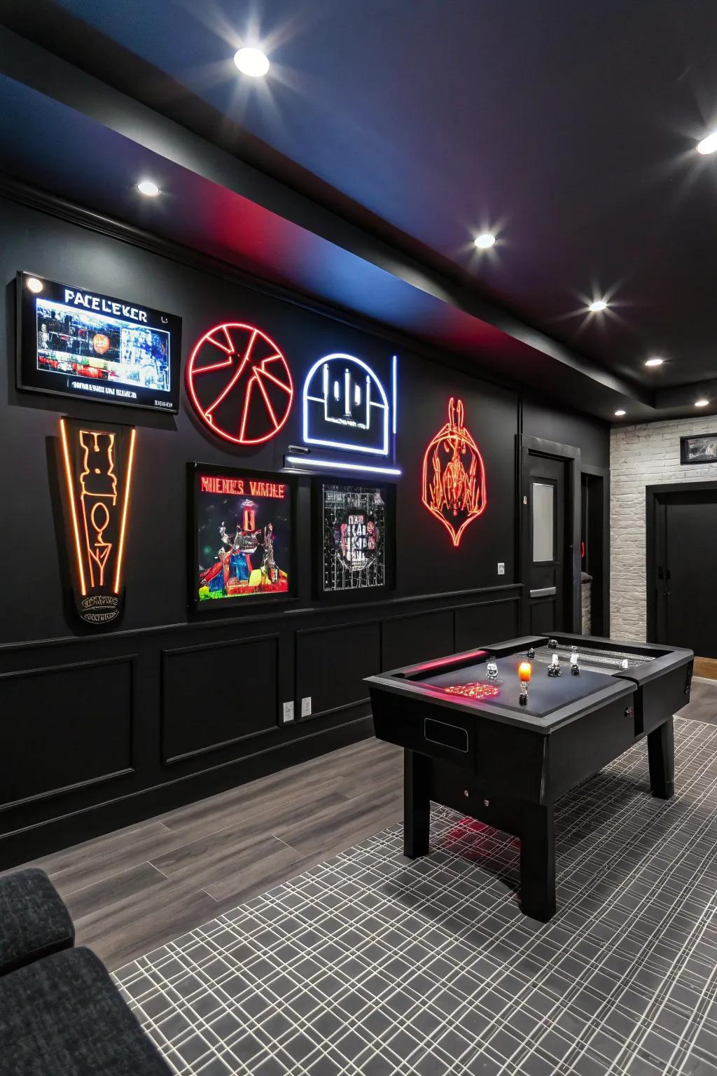 Custom LED signs add a personal and decorative touch to the game room.