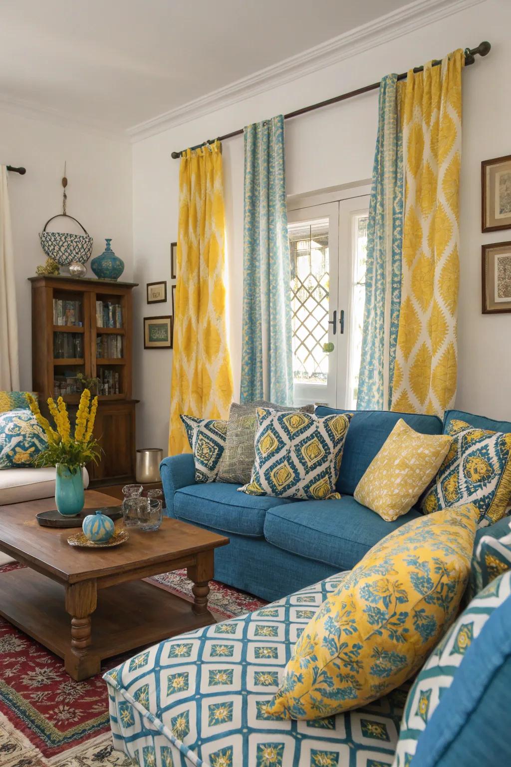 A fusion of azure and gold patterned textiles, adding vibrancy to the space.