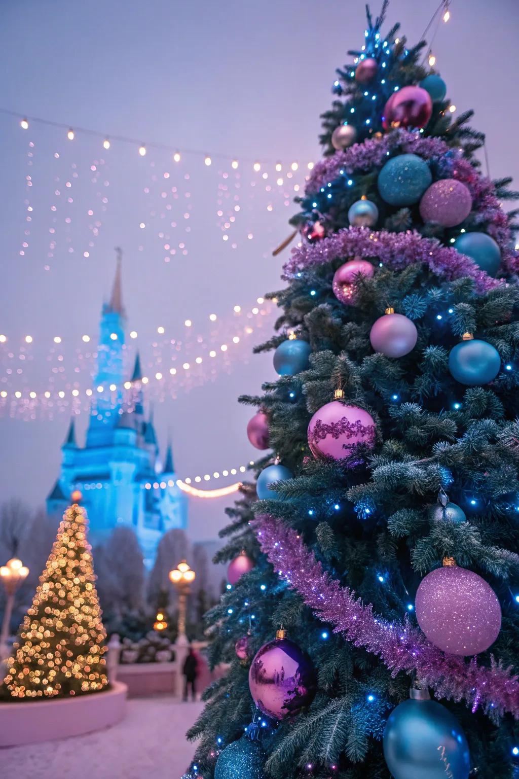 A playful and magical blue and rose Christmas tree.