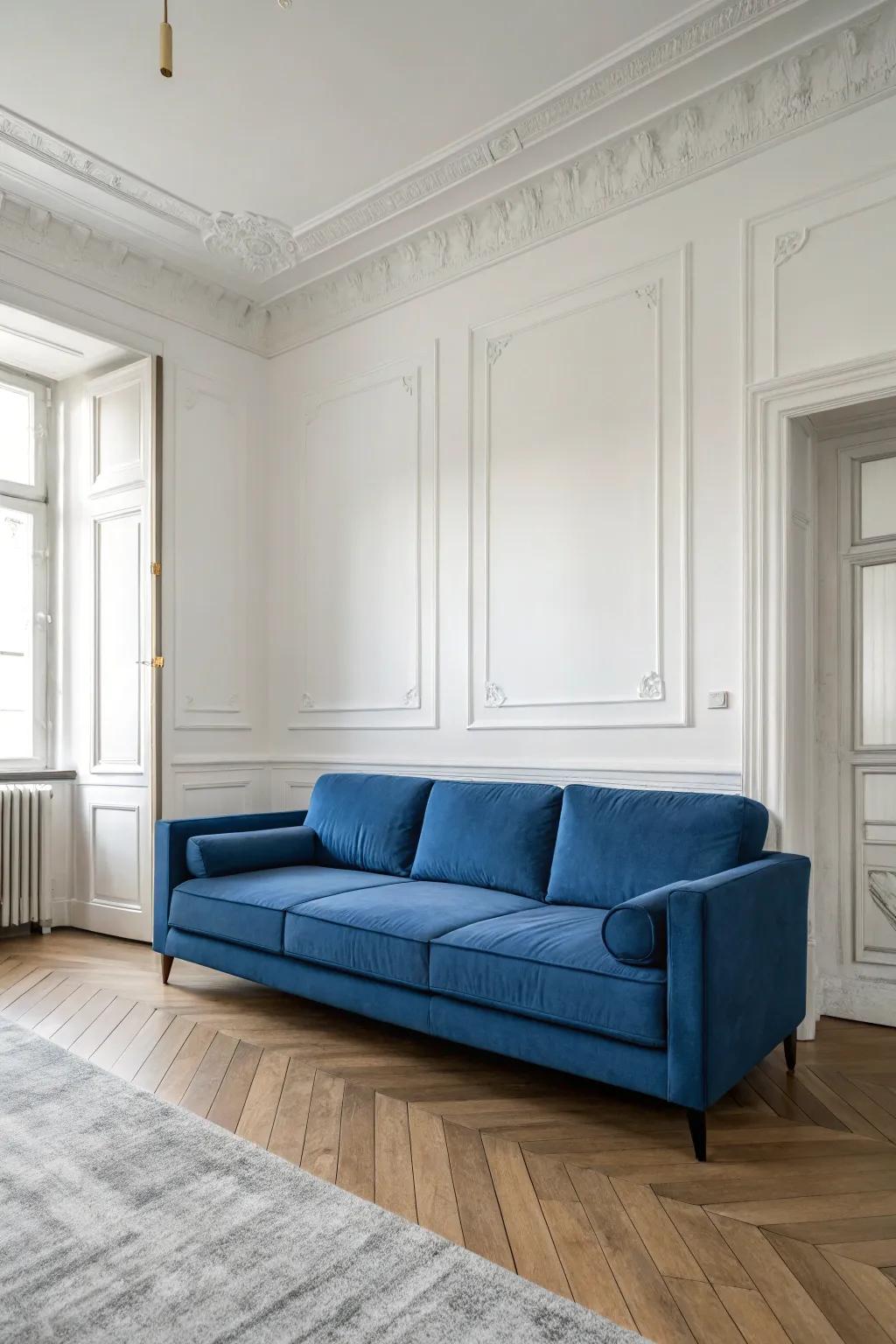 A streamlined setting spotlights the cerulean sofa as the central feature.